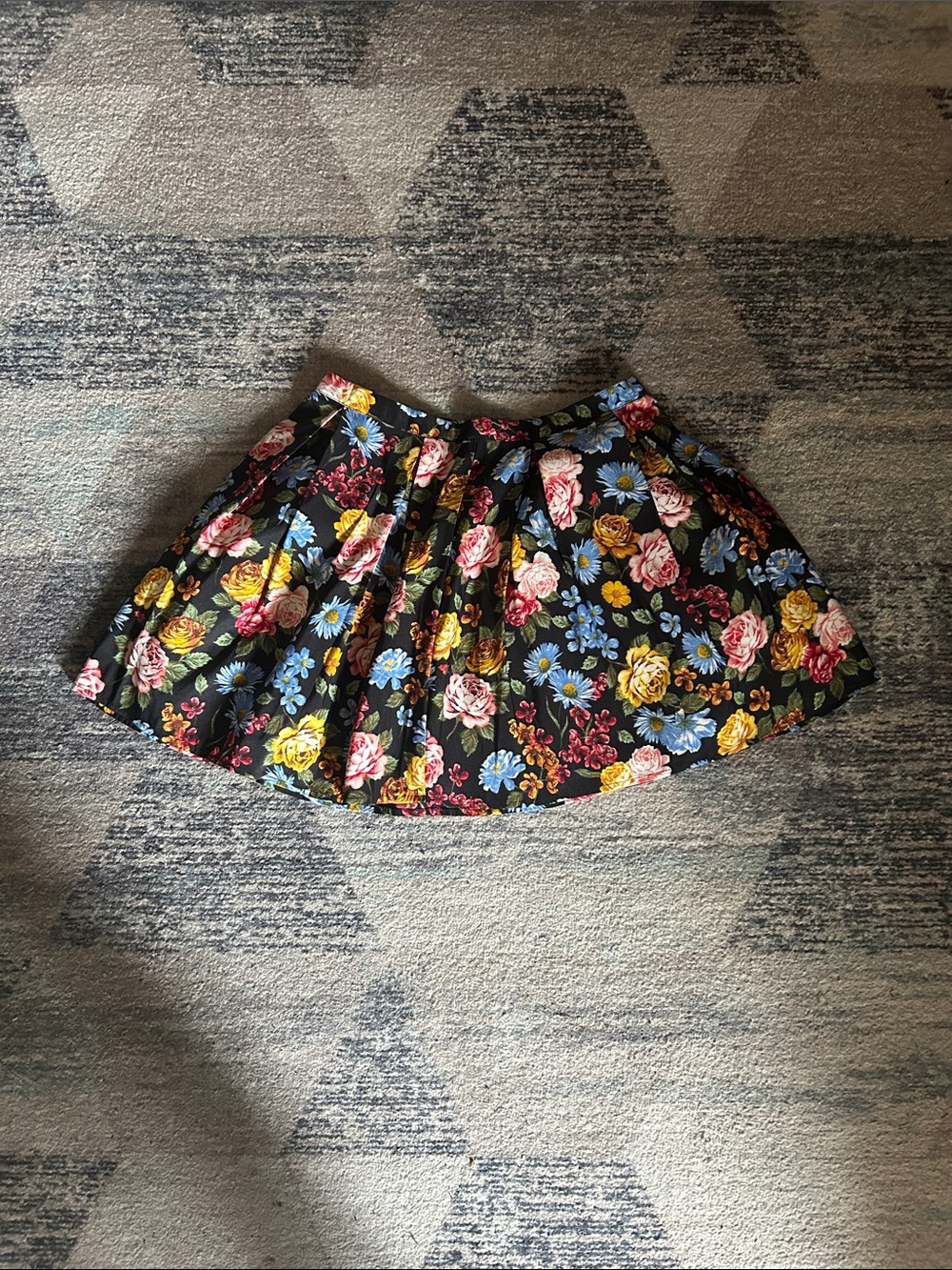 Forever 21 Black Floral Circle Skirt with Pink Yellow Blue Roses